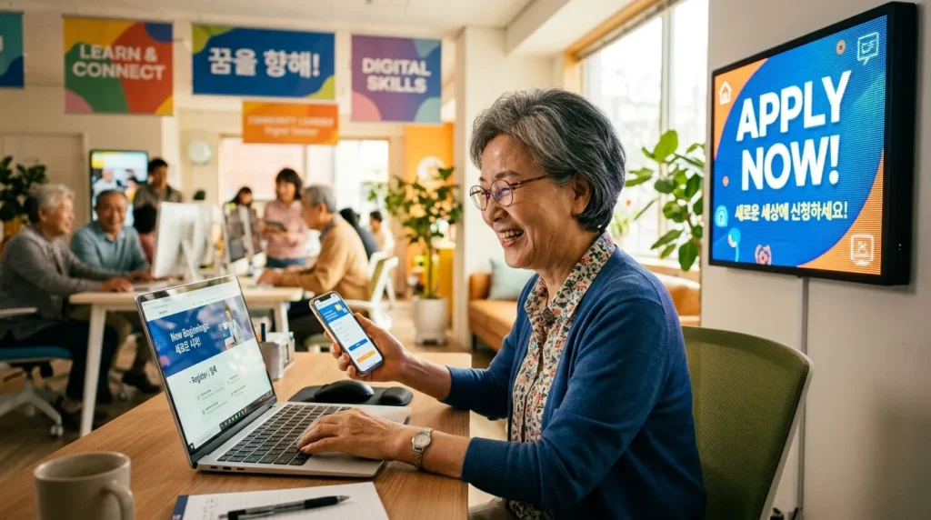 한국인 시니어 여성이 노트북과 스마트폰을 보며 미소를 짓고, 옆에는 '지금 바로 신청하세요!'라는 문구가 적힌 디지털 알림판이 빛나고 있다. 배경은 밝고 희망찬 분위기로, 새로운 디지털 세상으로의 진입을 시사한다.