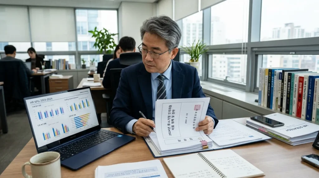 50대 한국인 사업가가 정부 공식 문서와 차트가 담긴 노트북을 검토하며 자신의 소규모 사업체의 인적 자원 전략을 구상하는 모습입니다.