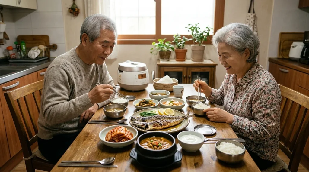 식탁 위에서 김치, 요구르트, 청국장 등 다양한 발효식품과 함께 오메가-3가 풍부한 고등어 구이가 먹음직스럽게 놓여 있는 모습. 옅은 미소를 짓고 있는 한국인 노부부가 식탁에 앉아 맛있게 식사 준비를 하는 모습.
