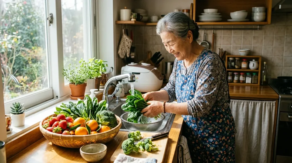 맑은 햇살이 비치는 부엌에서 한국인 할머니가 싱싱한 시금치, 브로콜리, 딸기, 귤 등을 깨끗하게 씻어 손질하는 모습. 다양한 색깔의 채소와 과일이 바구니에 가득 담겨 있다.