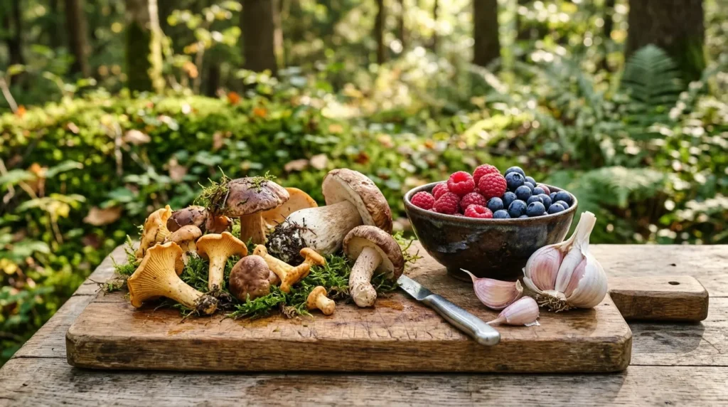 숲속의 깨끗한 환경에서 갓 채취한 듯 신선한 버섯, 붉은색과 보라색의 베리류 과일 (블루베리, 라즈베리), 그리고 큼직한 마늘 덩어리가 나무 도마 위에 조화롭게 놓여 있는 모습. 햇빛이 부드럽게 비치고 있다.