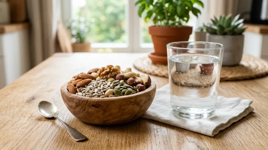 깨끗한 유리컵에 담긴 신선한 물과 함께 아몬드, 호두, 해바라기씨 등 다양한 견과류와 씨앗이 작은 나무 그릇에 보기 좋게 담겨 있는 모습. 건강하고 깔끔한 분위기이다.
