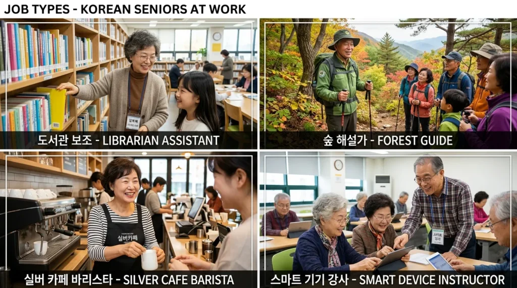 유형별 일자리 구분 - 다양한 직업을 가진 한국인 어르신들의 모습. 도서관 사서 보조, 숲 해설가, 실버 카페 바리스타, 스마트 기기 교육 강사가 각자의 일터에서 웃으며 일하고 있는 콜라주 형태의 이미지.