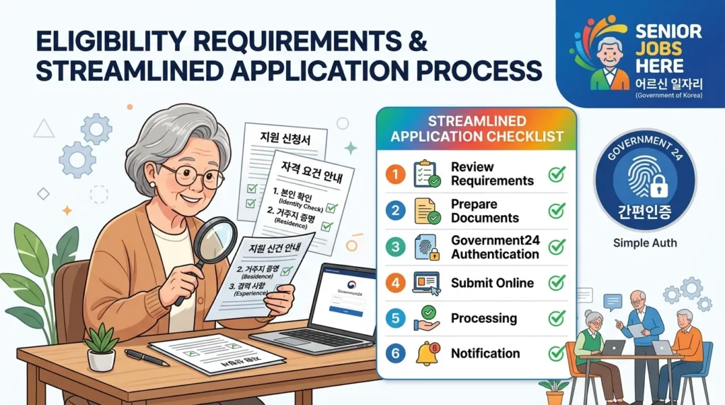 자격 요건 검토 및 효율적인 신청 절차 - 깨끗한 흰색 배경에 '노인일자리 여기' 로고와 함께 체크리스트가 있는 그래픽. 한국인 어르신이 돋보기를 들고 서류를 꼼꼼히 확인하는 모습과 정부24 간편 인증 아이콘이 조화를 이룸.