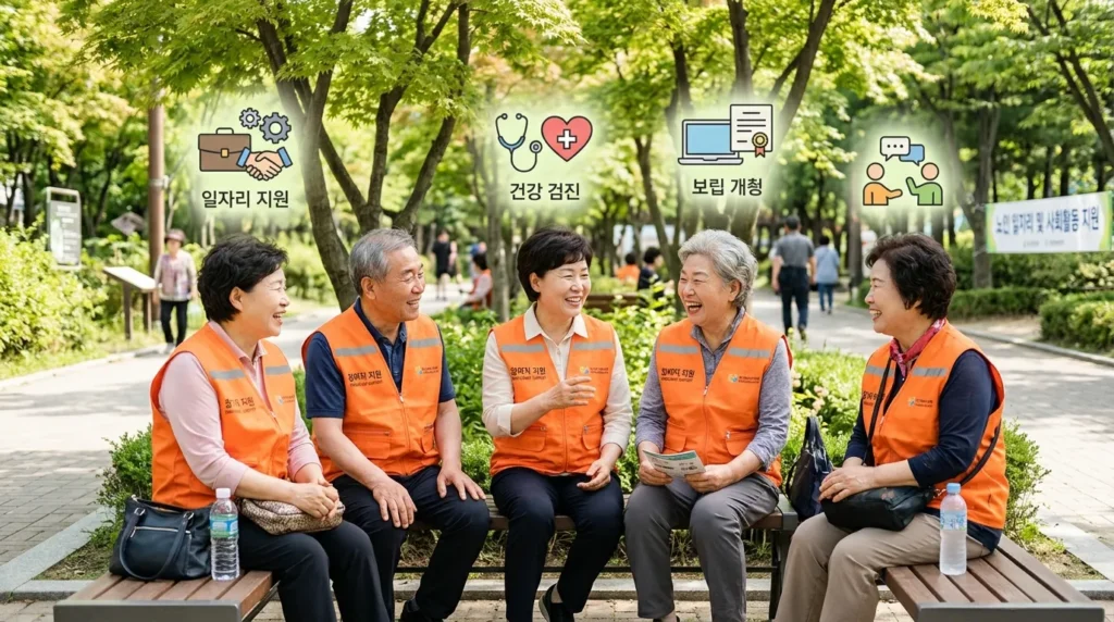 참여자 지원 혜택 - 야외 공원에서 안전 조끼를 착용하고 밝게 웃으며 대화하는 한국인 어르신들의 모습. 배경에는 일자리 지원금과 건강 검진 혜택을 상징하는 아이콘들이 부드럽게 배치됨.