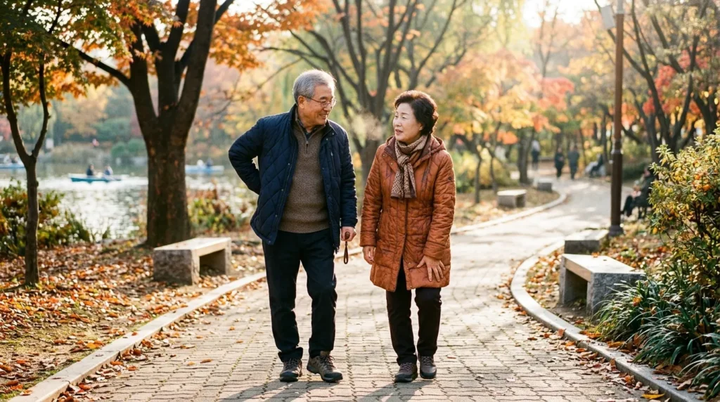 한국인 시니어 남성과 여성이 아침 산책 중 무릎과 허리를 가볍게 부여잡고 온화한 표정으로 대화하는 모습, 배경에는 쌀쌀한 환절기 공기와 함께 따뜻한 햇살이 비추는 공원이 보인다.