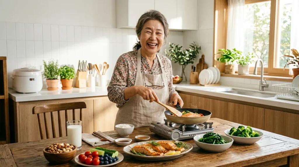 한국인 시니어 여성이 신선한 연어, 시금치, 브로콜리, 견과류, 우유, 그리고 햇볕을 표현하는 빛이 가득한 식탁 앞에서 환하게 웃으며 건강한 식단을 준비하는 모습. 배경은 깨끗하고 밝은 주방이다.