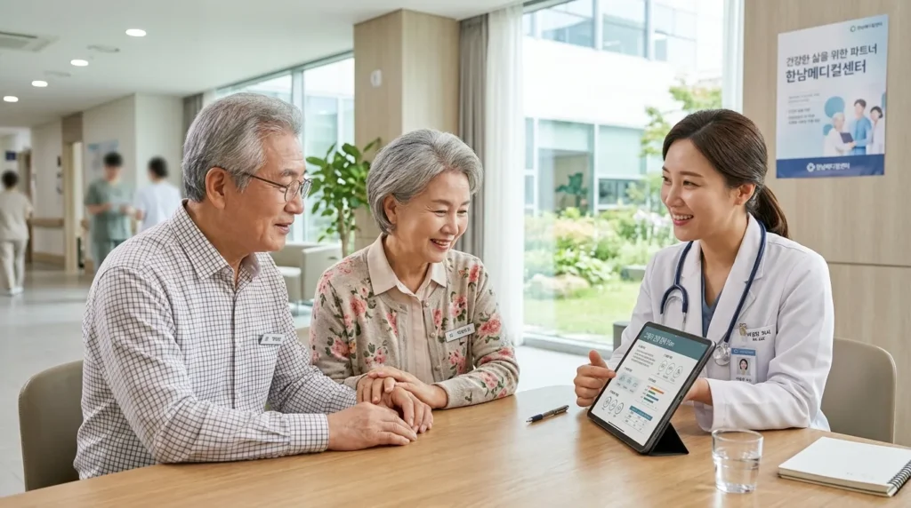 한국인 시니어 남성과 여성이 건강 상담을 받는 모습. 밝고 현대적인 병원 환경에서 의사 또는 간호사로 보이는 전문가가 태블릿을 보여주며 친절하게 설명하고 있고, 시니어들은 주의 깊게 경청하고 있다. 희망적이고 안정적인 분위기이다.