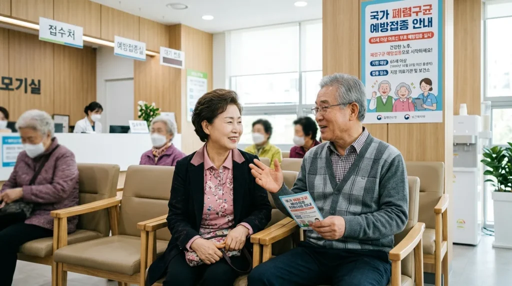 어르신 폐렴구균 국가예방접종 지원 사업의 중요성 - 밝고 깨끗한 병원 대기실에서 인자한 인상의 한국인 할아버지와 할머니가 건강하게 웃으며 대화하고 있는 모습, 배경에는 예방접종 안내 포스터가 붙어 있음