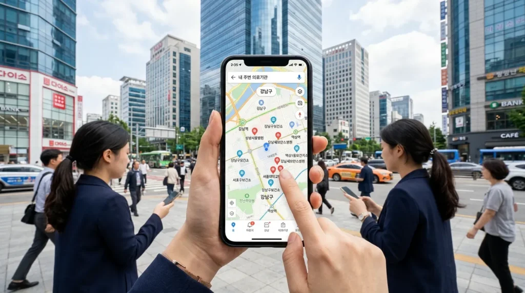 지정의료기관 및 보건소 위치 간편하게 확인하는 방법 - 최신 스마트폰 화면에 한국 지도가 떠 있고, 주위에 많은 병원 표시 핀들이 찍혀 있는 모습, 배경에는 깨끗한 도시 풍경