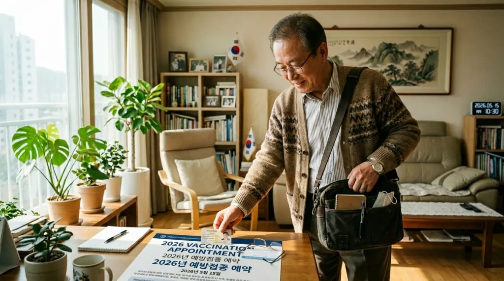 2026년 접종 대상자 확인 및 방문 시 준비물 - 한국인 노신사가 신분증과 주민등록증을 책상 위에 올려두고 가방을 챙기는 모습, 부드러운 햇살이 비치는 거실
