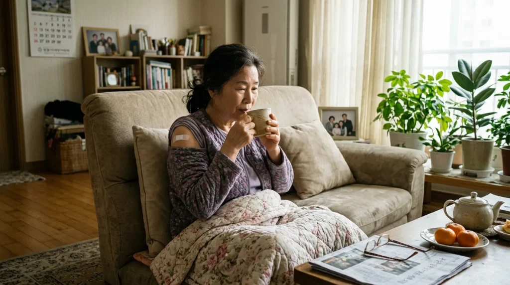 접종 후 주의사항 및 이상반응 대응 수칙 - 한국인 할머니가 접종 후 집에서 편안한 소파에 앉아 따뜻한 차를 마시며 쉬고 있는 평화로운 장면