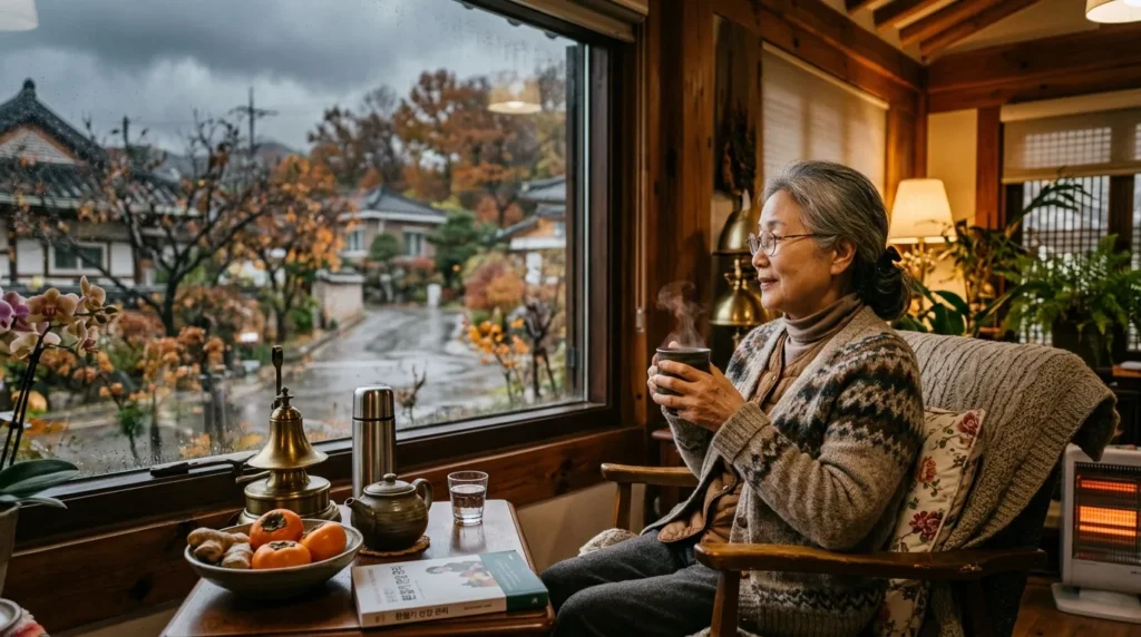 환절기 건강 관리의 중요성을 보여주는 이미지. 따뜻한 차를 마시며 창밖을 바라보는 평온한 표정의 한국인 시니어 여성. 창밖은 흐린 환절기 날씨를 묘사하며, 실내에는 따뜻하고 아늑한 분위기가 강조됨.