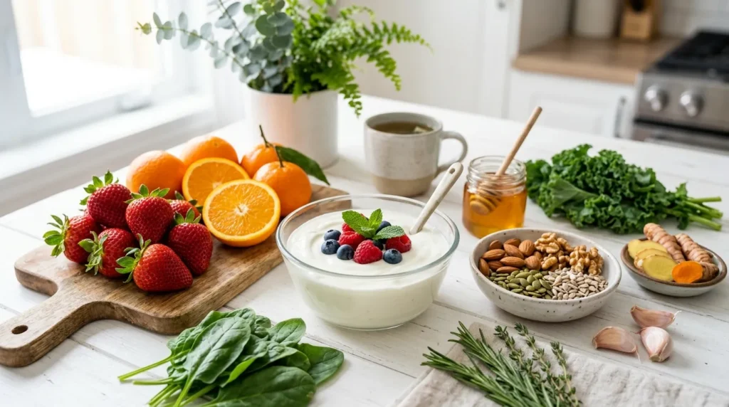 면역력 강화에 좋은 다양한 건강식품 성분을 시각적으로 표현한 이미지. 비타민 C가 풍부한 과일(오렌지, 딸기), 아연이 함유된 견과류, 프로바이오틱스 요거트 등이 깨끗한 흰색 식탁 위에 정갈하게 놓여 있는 모습.