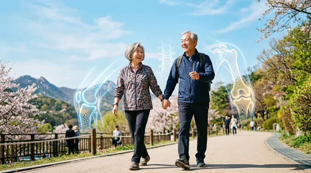 튼튼한 관절과 뼈 건강을 상징하는 이미지. 푸른 하늘 아래 활기차게 산책하는 한국인 시니어 부부의 모습. 그들의 실루엣 뒤로 뼈와 관절을 연상시키는 건강한 구조물이 은은하게 비침.