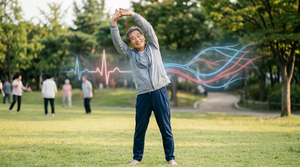 활력 넘치는 시니어의 혈관 건강을 표현하는 이미지. 밝은 미소를 띠고 가벼운 스트레칭을 하는 한국인 시니어 남성. 배경에는 심장 박동과 혈관을 형상화한 은은한 그래픽이 역동적으로 흐름.