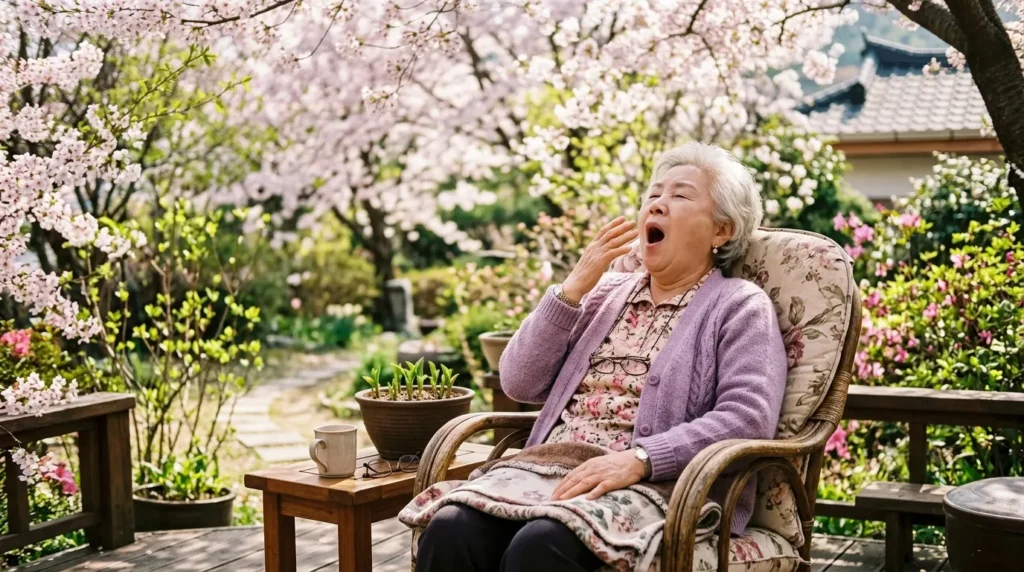 따뜻한 봄날, 편안한 의자에 앉아 하품하며 졸고 있는 한국인 시니어 여성의 모습. 주변에는 벚꽃이나 새싹이 보이는 봄 풍경이 연출되어 있다.