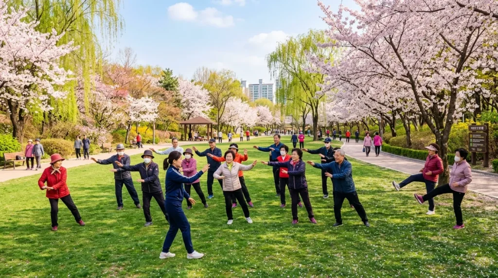맑은 봄날 야외 공원에서 가볍게 걷거나 스트레칭, 태극권과 유사한 저강도 운동을 하는 한국인 시니어 그룹의 활기찬 모습. 부드러운 햇살과 푸른 잔디가 배경에 있다.