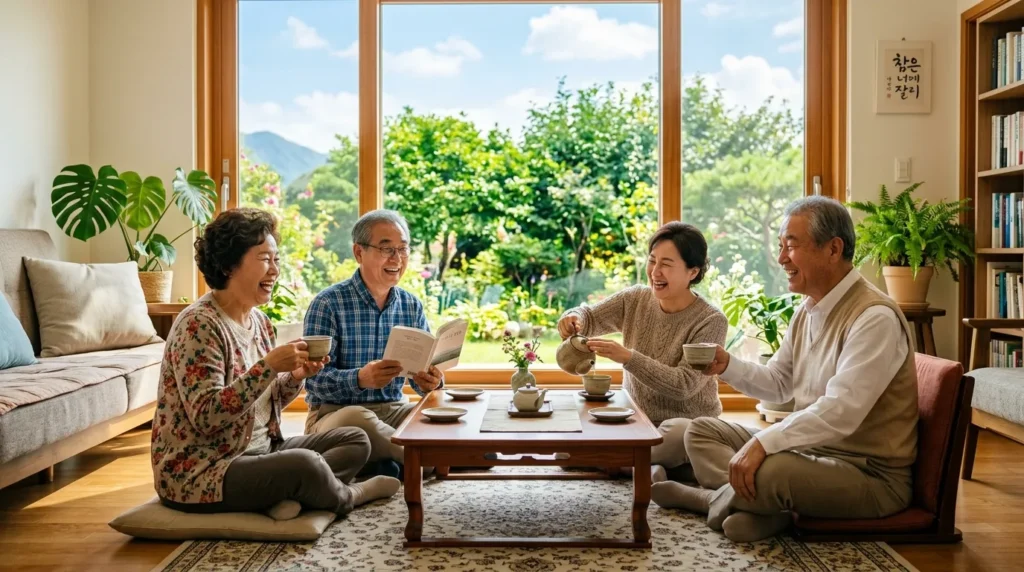 햇볕이 잘 드는 깨끗한 거실에서 한국인 시니어 남녀가 웃으며 차를 마시거나 책을 읽는 평화로운 모습. 창밖으로는 푸른 나무와 맑은 하늘이 보인다.