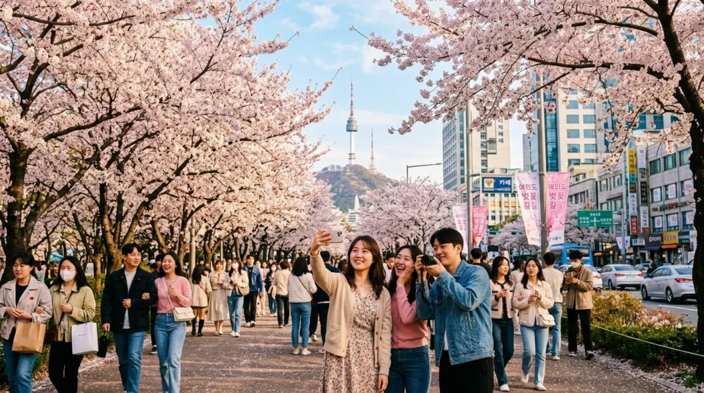 서울 시내에 활짝 핀 벚꽃과 그 아래를 거니는 한국인들의 모습. 햇살이 따스하게 내리쬐는 봄날의 풍경. 따뜻한 분홍색과 흰색 꽃잎이 가득한 거리를 배경으로 사람들이 즐거워하며 사진을 찍고 있다.