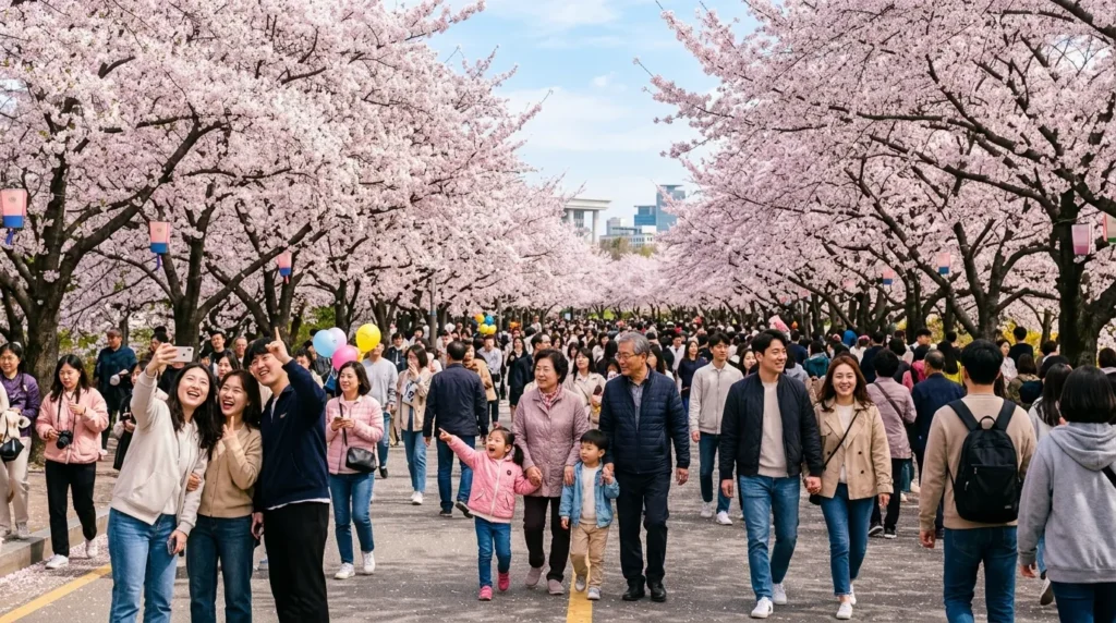 여의도 윤중로를 가득 채운 벚꽃 터널 아래를 걷는 다양한 연령대의 한국인들. 화사한 봄 분위기가 느껴지며, 가족, 연인, 친구들이 함께 벚꽃을 배경으로 즐거운 시간을 보내고 있다.
