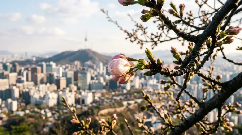 나무에 핀 벚꽃 봉오리가 햇살을 받으며 막 터지기 직전의 클로즈업. 배경에는 흐릿하게 서울 도시 풍경이 보인다. 봉오리 주변의 나뭇가지와 새싹들이 생동감 넘치는 봄의 시작을 알린다.