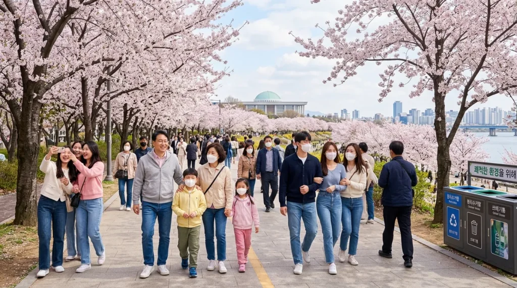 서울 벚꽃 명소에서 질서 정연하게 벚꽃을 감상하고 있는 한국인들. 일부는 마스크를 착용하고 있고, 주변에 쓰레기통이 보이며 깔끔한 환경을 유지하고 있다. 가족 단위, 연인 등 다양한 사람들이 밝은 표정으로 벚꽃을 즐긴다.