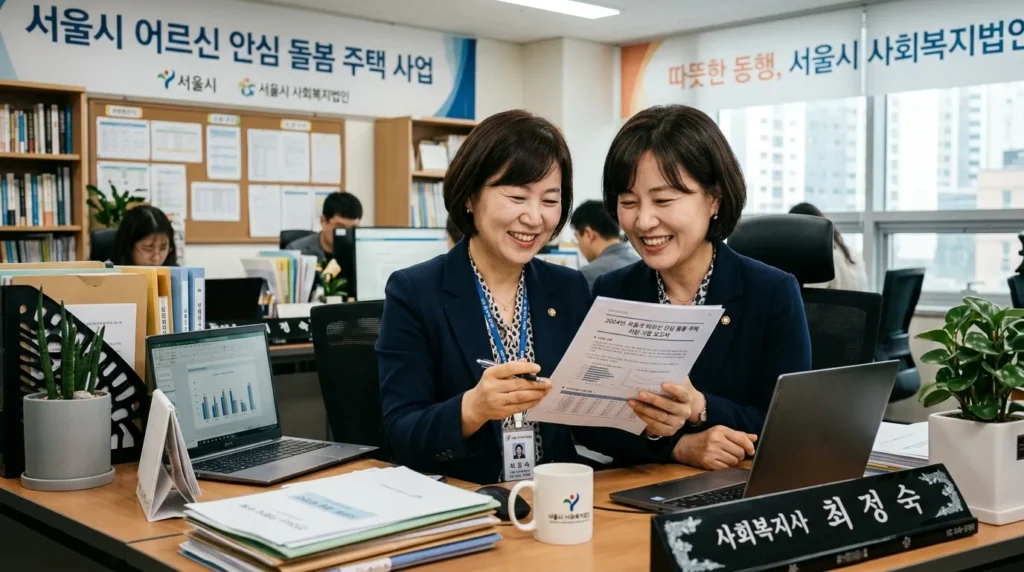 긍정적인 표정의 한국인 사회복지법인 대표가 사무실에서 서류를 검토하고 있는 모습. 배경에는 "서울시 노인 안심돌봄가정 사업"이라는 글자가 희미하게 보인다.