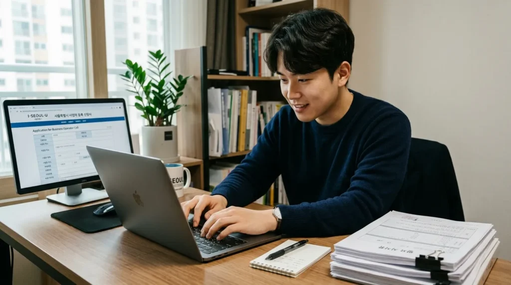 한국인 청년이 노트북 앞에서 서울시 로고와 함께 "사업자 공모 신청"이라고 적힌 웹페이지를 신중하게 작성하고 있는 모습. 주변에는 서류 뭉치와 펜이 놓여 있다.
