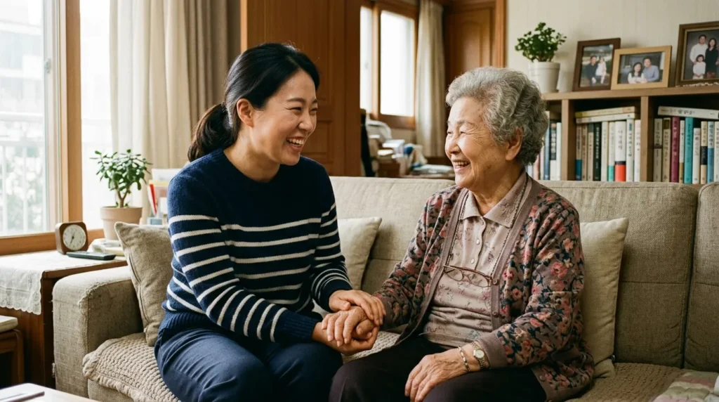 환한 미소를 짓고 있는 한국인 요양보호사가 한국인 할머니의 손을 따뜻하게 잡아주며 이야기를 나누고 있는 모습. 가정집 분위기이며, 둘 사이에 깊은 신뢰와 유대감이 느껴진다.