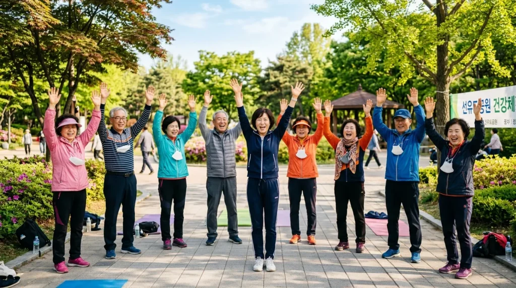 여러 명의 한국인 시니어들이 야외 공원에서 햇살을 받으며 함께 스트레칭하거나 가벼운 체조를 하고 있는 활기찬 모습. 밝은 표정으로 운동에 참여하고 있다.