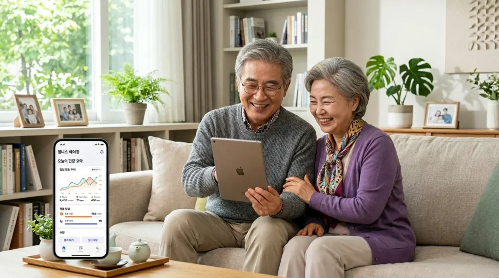한국인 시니어 남녀가 태블릿으로 '웰니스 에이징' 앱을 사용하며 웃고 있는 모습. 앱 화면에는 건강 데이터 그래프와 활동 목표가 표시되어 있다. 배경은 밝고 현대적인 거실이다.