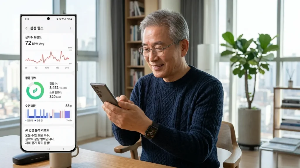 시니어 한국인 남성이 스마트 워치를 착용하고 스마트폰 앱으로 건강 데이터 그래프와 AI 분석 리포트를 확인하는 모습. 화면에는 심박수, 활동량, 수면 패턴 등 상세한 건강 지표가 시각적으로 표현되어 있다. 배경은 깔끔한 현대적인 공간이다.