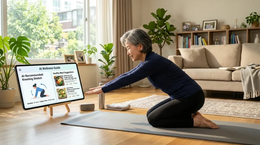 한국인 시니어 여성이 집에서 태블릿 앱의 가이드에 따라 요가 매트 위에서 스트레칭 운동을 하고 있는 모습. 앱 화면에는 AI가 추천하는 운동 자세와 함께 건강 식단 추천 레시피가 표시되어 있다. 배경은 햇살이 잘 드는 거실이다.