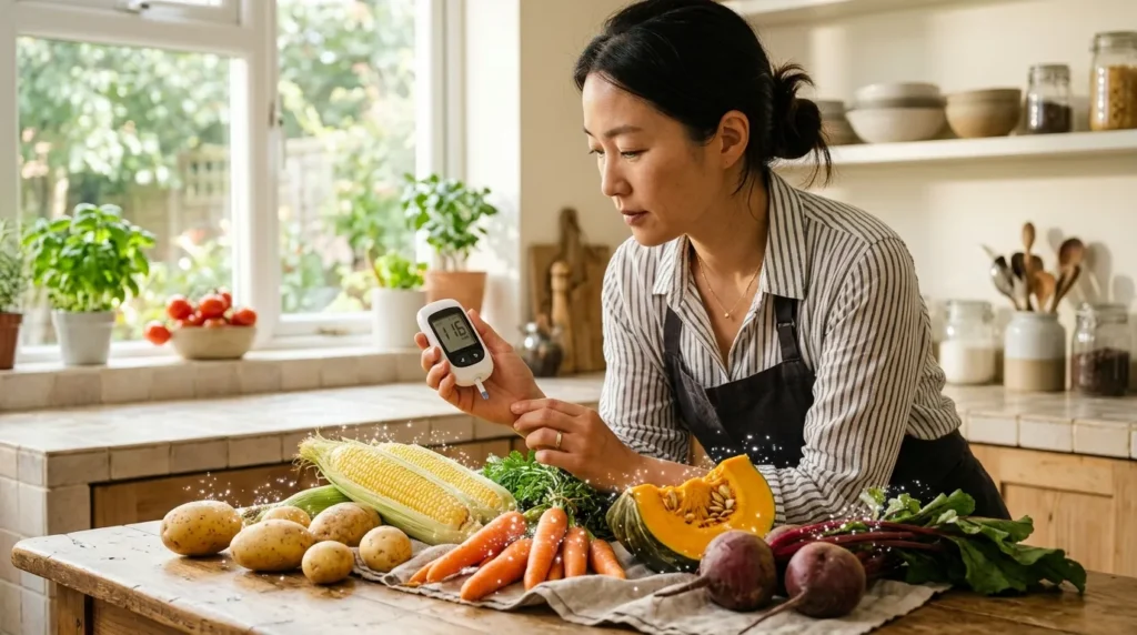 맑은 부엌에서 한국인 여성이 식탁에 놓인 감자, 옥수수, 당근, 단호박, 비트 등 다양한 채소들을 조심스럽게 바라보고 있으며, 그녀의 손에는 혈당 측정기가 들려있다. 채소 주변에는 설탕 결정이 반짝이는 모습으로 연출되어 있다.