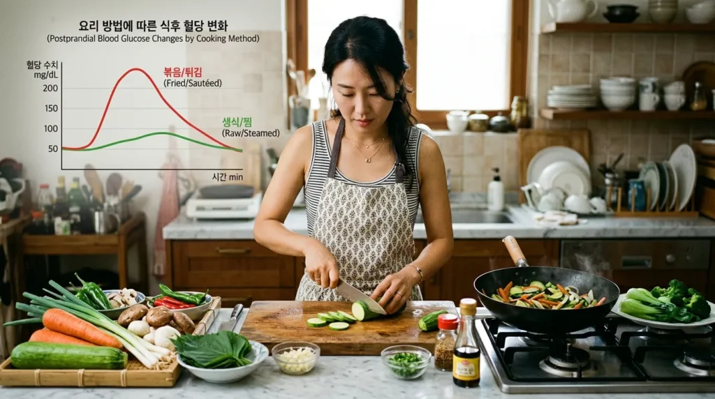 한국인 여성이 부엌에서 채소를 썰고 있는데, 한쪽에는 생채소가, 다른 한쪽에는 튀기거나 삶은 채소들이 놓여있다. 조리 방법에 따라 혈당 스파이크의 정도를 나타내는 시각적인 그래프가 배경에 흐릿하게 보인다.