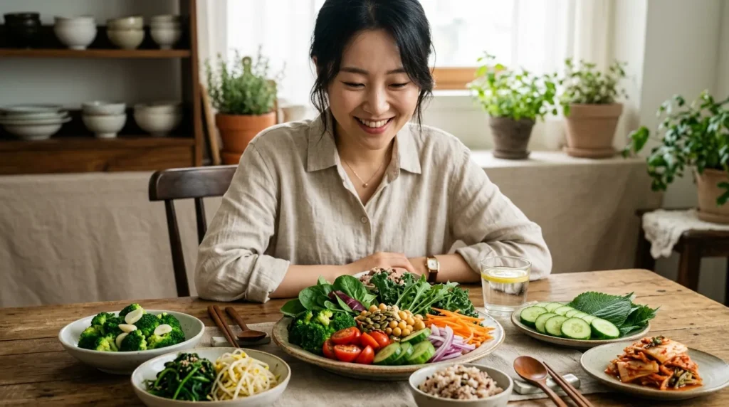 푸른 잎채소, 브로콜리, 오이 등 저혈당지수 채소들이 신선하게 놓여있는 식탁을 한국인 여성이 즐겁게 바라보고 있다. 접시에는 다양한 색깔의 채소 샐러드가 보기 좋게 담겨 있고, 건강한 식단의 이미지를 강조한다.