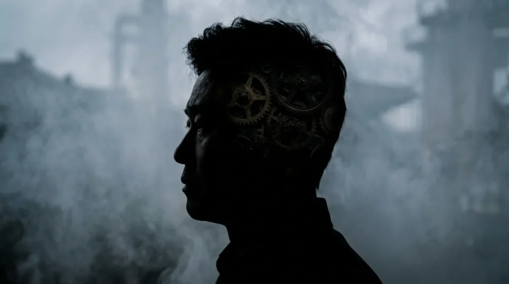 뿌연 안개 속에 갇힌 듯한 한국인 남성의 머리 실루엣이 보이고, 그 안에서 복잡한 기어들이 멈춰 있거나 느리게 움직이는 모습. 답답하고 명확하지 않은 느낌을 강조한다.