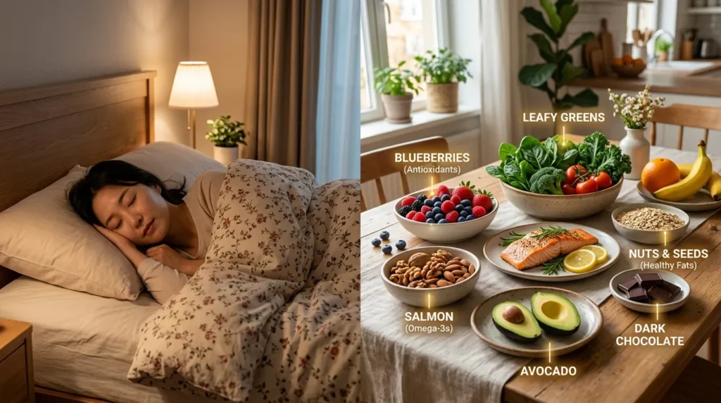 아늑한 침실에서 한국인 여성이 숙면을 취하는 모습과, 신선한 과일, 채소, 견과류 등이 가득한 건강한 식탁이 한 화면에 어우러진 이미지. 뇌 건강에 좋은 음식들이 강조된다.
