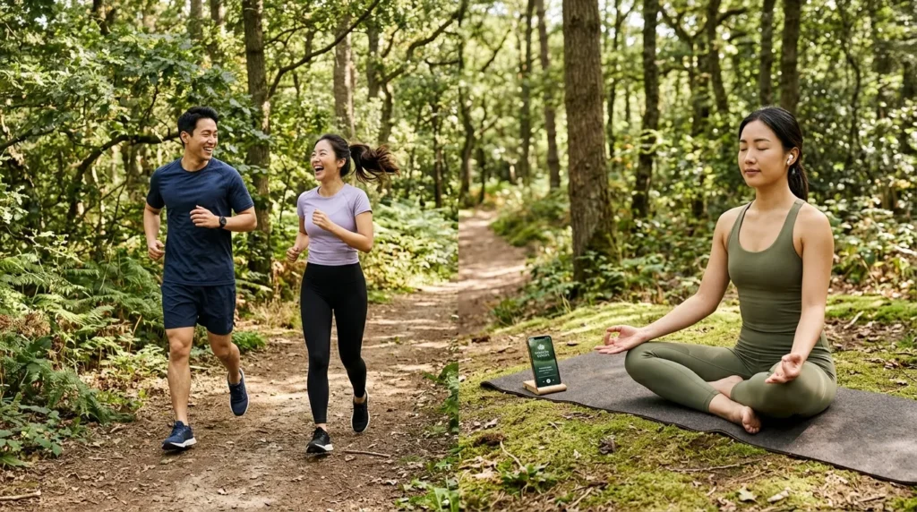 한국인 남녀가 숲길에서 함께 조깅하며 상쾌하게 웃는 모습과, 명상 앱을 켜놓고 편안하게 요가 자세를 취하고 있는 한국인 여성의 모습이 함께 담긴 이미지. 활기찬 운동과 평온한 명상이 대비된다.