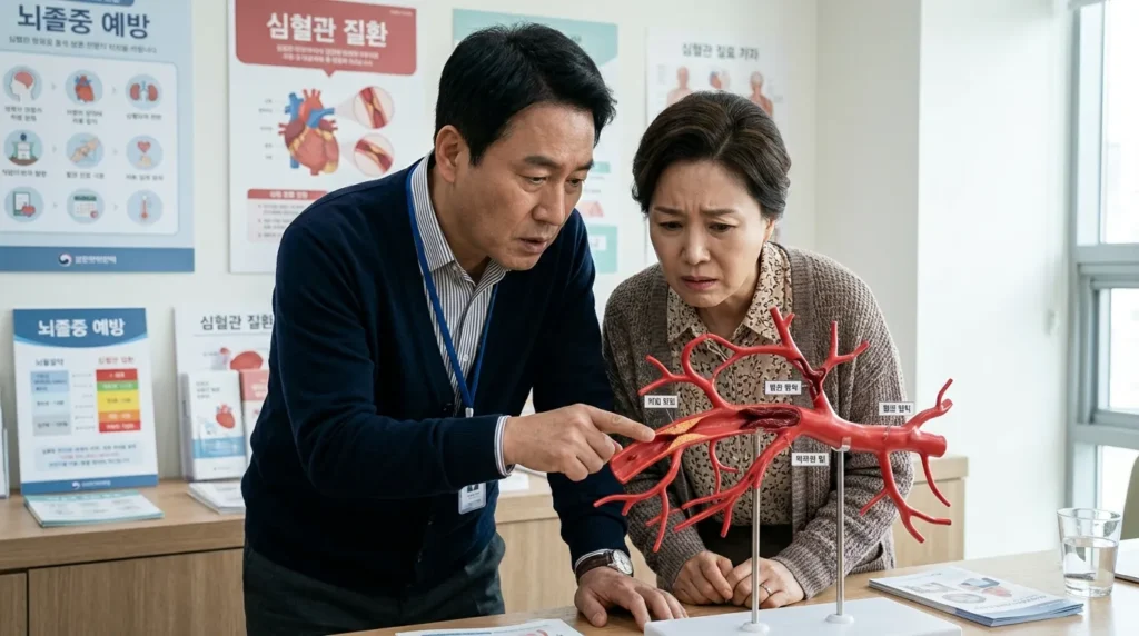 중년의 한국인 남녀가 복잡하고 붉은색 혈관 모형을 진지하게 들여다보며 걱정스러운 표정을 짓는 모습. 혈관은 일부가 막혀 있거나 좁아져 있는 것처럼 묘사된다. 배경에는 건강과 질병에 대한 정보 그래픽이 희미하게 보인다.