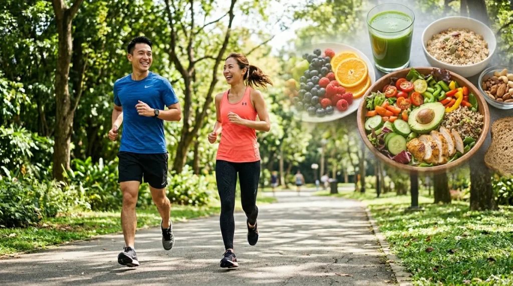 활기찬 한국인 남녀가 밝은 햇살 아래 푸른 공원에서 함께 조깅하는 모습. 배경에는 신선한 채소와 과일, 통곡물이 풍성하게 놓인 건강한 식단 이미지가 부드럽게 오버랩되어 있다. 두 요소가 조화롭게 어우러져 건강한 라이프스타일을 시각적으로 강조한다.