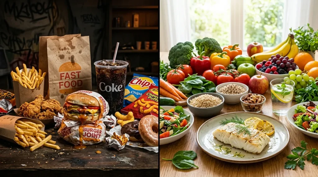 한쪽에는 기름지고 튀긴 음식, 탄산음료, 가공된 스낵 등 건강에 해로운 패스트푸드가 어둡고 침울한 분위기로 쌓여있고, 다른 한쪽에는 신선하고 다채로운 채소, 과일, 통곡물, 흰 살 생선 등이 밝고 활기찬 분위기로 진열되어 극명한 대조를 이룬다.