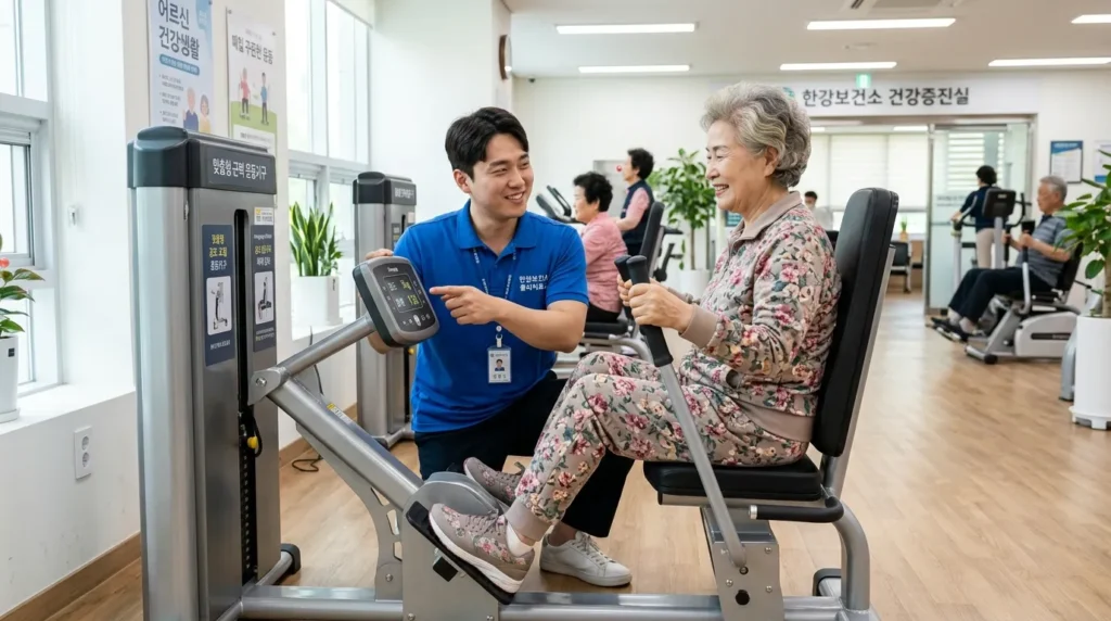 깨끗하고 현대적인 한국의 보건소에서 물리치료사가 70대 한국인 여성에게 맞춤형 근력 강화 운동 기구 사용법을 친절하게 설명하는 모습, 밝고 희망찬 분위기, 실사 스타일, 4K 화질