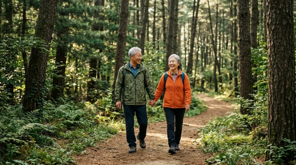 숲속 산책로에서 밝은 표정으로 걷고 있는 70대 한국인 노부부, 뒤로는 울창한 소나무 숲이 펼쳐져 있으며 햇살이 나뭇잎 사이로 내리쬐는 평화로운 모습, 실사 스타일, 고화질, 시네마틱 조명