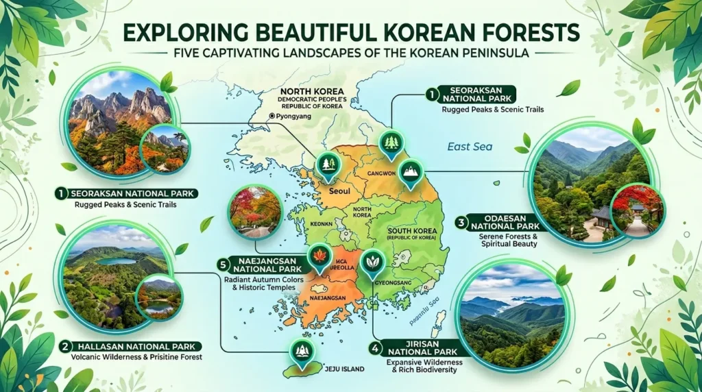 한반도 지도 위에 5군데의 숲 아이콘이 표시되어 있고, 각 아이콘에서 실제 아름다운 한국의 숲 풍경 사진이 팝업으로 떠오르는 그래픽 디자인, 현대적이고 직관적인 인포그래픽 스타일