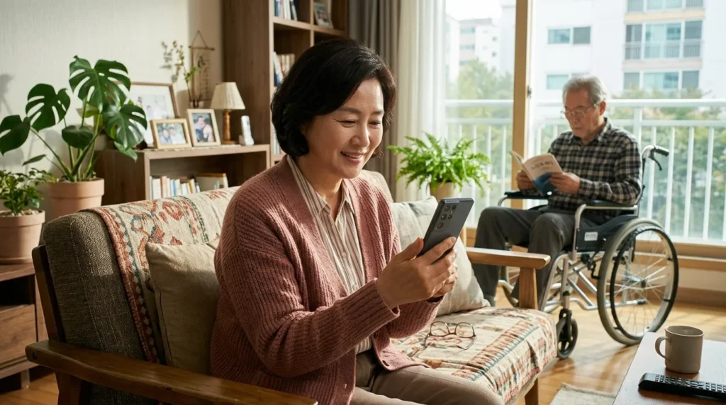따뜻한 햇살이 비치는 한국의 거실에서 50대 한국인 여성이 스마트폰 뱅킹 앱을 통해 입금 내역을 확인하며 안도하는 표정을 짓고 있는 모습, 뒤편에는 휠체어에 앉아 책을 보시는 80대 시니어 아버지가 계심, 실사 스타일, 시네마틱 조명, 고화질