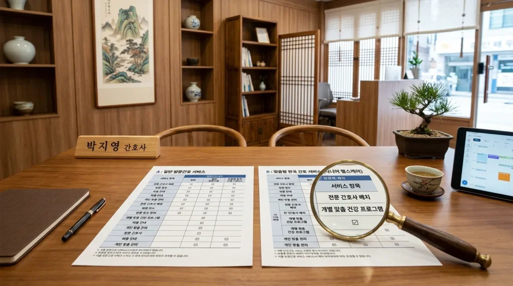 깔끔하게 정리된 한국의 요양 서비스 상담 테이블 위에 놓인 비교 차트 서류와 돋보기, 한국적 인테리어가 돋보이는 사무실 배경, 전문적인 느낌의 실사 스타일