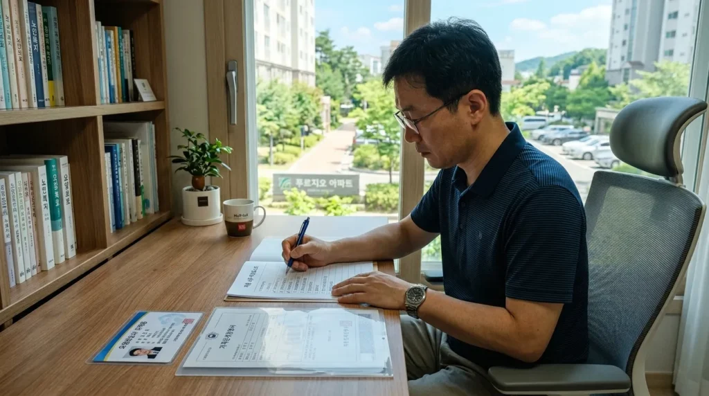 꼼꼼하게 서류를 검토하며 체크리스트에 표시를 하고 있는 40대 한국인 남성의 모습, 책상 위에는 요양보호사 자격증과 가족관계증명서가 놓여 있음, 창밖으로는 평화로운 한국의 주택가가 보임, 실사 스타일, 정밀한 묘사