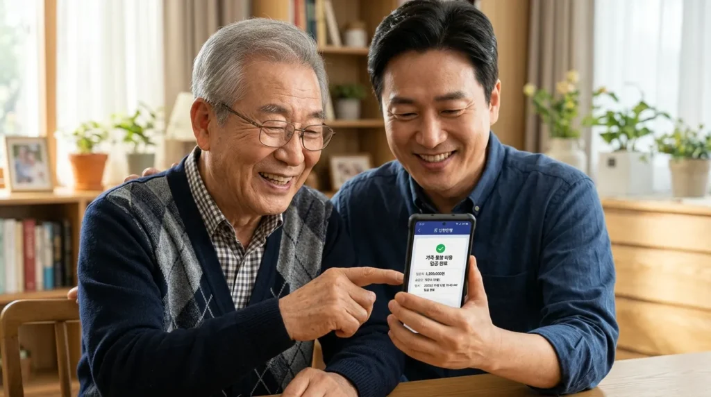 한국인 시니어가 아들과 함께 스마트폰 화면을 보며 입금 내역을 확인하고 미소 짓는 고화질 클로즈업 사진, 스마트폰 화면에는 '가족요양비 입금 완료' 문구가 선명하게 보임, 배경은 따뜻하고 밝은 실내, 실사 스타일